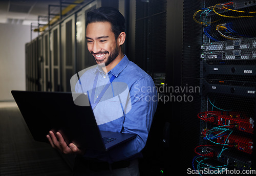 Image of Man, server room and computer for happy programming, system solution and data center, coding or cybersecurity. Business person, laptop and engineering network, gdpr software and backup or maintenance