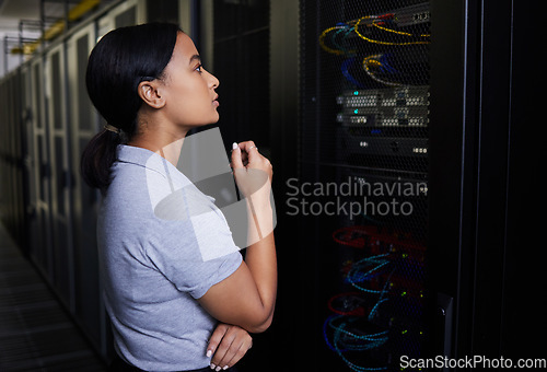 Image of Server room, thinking or engineer for hardware or cybersecurity or machine in system at night. Problem solving, data center or woman fixing network for information technology solution in IT support