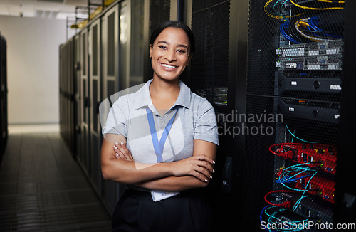 Image of Server room, portrait or happy woman technician for online cybersecurity update or machine system. IT support data center, smile or proud engineer fixing network for information technology solution