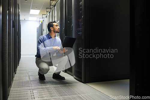Image of Server room, laptop or man typing for cybersecurity glitch, machine or to search online on servers system. IT support, data center or male engineer fixing network for information technology solution