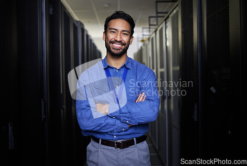 Image of Server room, portrait or happy man for online cybersecurity glitch, machine or servers system. IT support, smile or proud engineer fixing network for information technology solution in data center