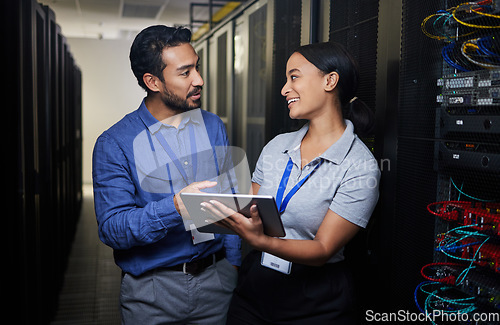 Image of Server room, technology and people, teamwork and cybersecurity, management or coding solution on tablet. Engineering man and woman or manager on digital software, hardware training and programming