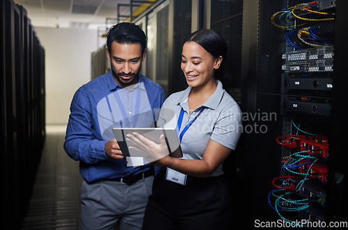 Image of People, manager and tablet for server room, cybersecurity, engineering, programming or coding solution. Business man and woman in data center, digital technology and hardware or software teamwork