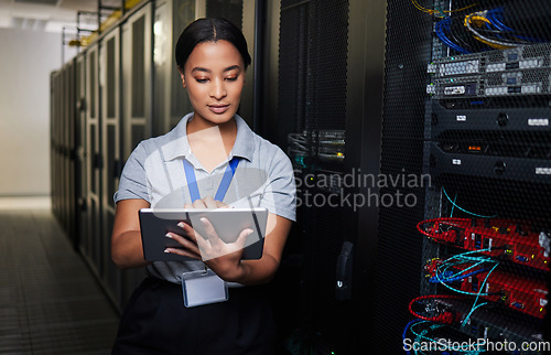 Image of Woman, tablet and server room in inspection, programming and coding with system solution and cybersecurity. Engineering person on digital tech, hardware maintenance or business network in data center