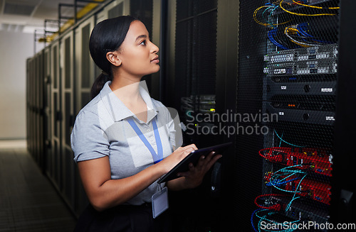 Image of Woman, engineering tablet and server room, data center inspection or system solution for cybersecurity coding. IT person on digital technology, cables check and business power or programming hardware