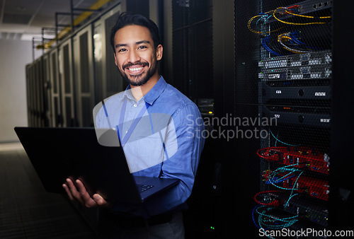 Image of Man, data center and computer in programming portrait, server room coding and programming or cybersecurity. Business person on laptop and engineering network, gdpr software and backup or maintenance