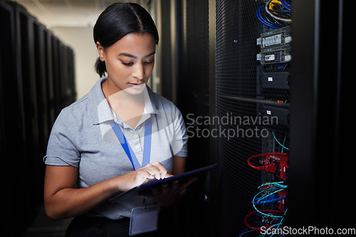 Image of Woman, tablet and server room, programming or coding for cybersecurity, information technology or data protection backup. Engineering person on digital software, hardware inspection or basement check