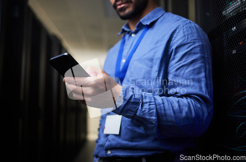 Image of Server room, phone or man on social media to search online for cybersecurity glitch, machine or servers system. IT support, data center or engineer fixing network for information technology solution