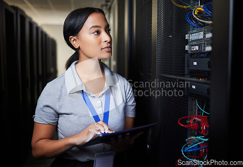 Image of Woman, tablet and thinking in server room, programming solution or coding ideas for cybersecurity or data center backup. Engineering person on digital software, hardware inspection and basement check