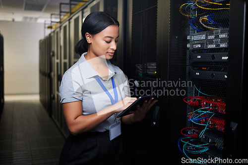 Image of Woman, tablet and data center in inspection, programming and coding of power solution, cables check or cybersecurity. Engineering person on digital tech, hardware and software network in server room