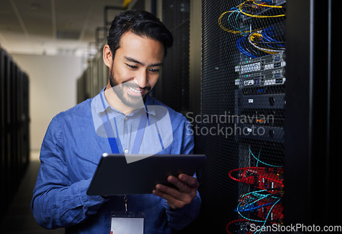 Image of Man, tablet and server room, programming or coding for cybersecurity, information technology and data protection backup. Happy engineering person on digital software and hardware solution in basement