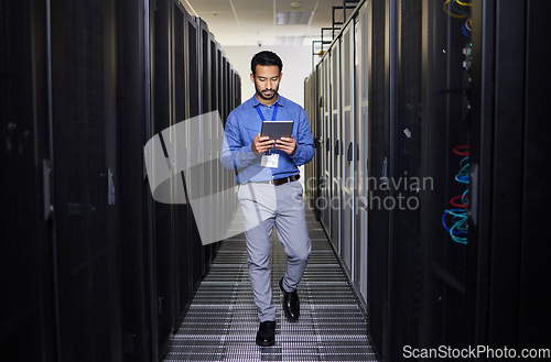 Image of Tablet, man and engineer in data center on research for programming on app. Information technology, inspection and technician in server room reading, network maintenance or typing code for software