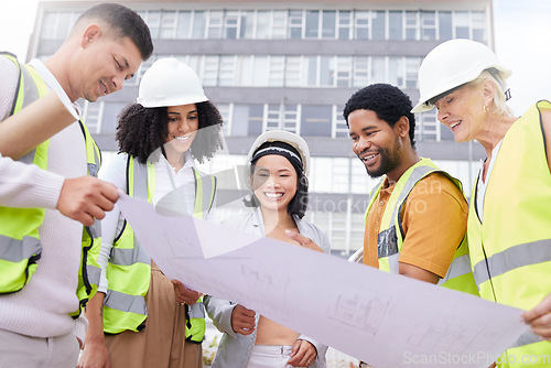 Image of Team, architecture and blueprint, diversity and construction with maintenance, contractor and planning. Engineering, check floor plan and property development, city infrastructure and collaboration