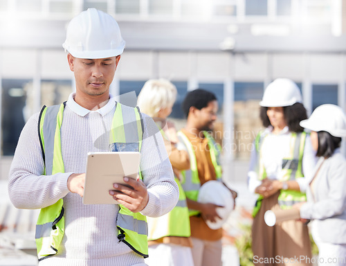 Image of Man, architecture and tablet, inspection at construction site with maintenance, contractor and quality control. Engineering, check digital floor plan and tech, urban infrastructure and renovation