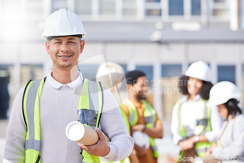 Image of Man, engineering portrait and city with tools for construction, project management or outdoor blueprint design. Happy face of architecture person, contractor or manager, urban building and leadership