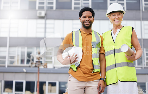 Image of Portrait of man, woman and civil engineering at construction site for property development, maintenance and project management. Happy team, architecture and industrial planning for building in city