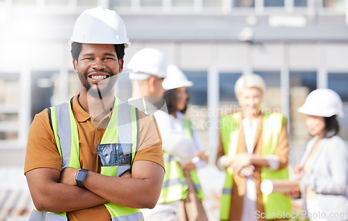 Image of Black man, architect and arms crossed, construction site and maintenance, contractor job and smile in portrait. African engineer, confident and professional with urban infrastructure and renovation