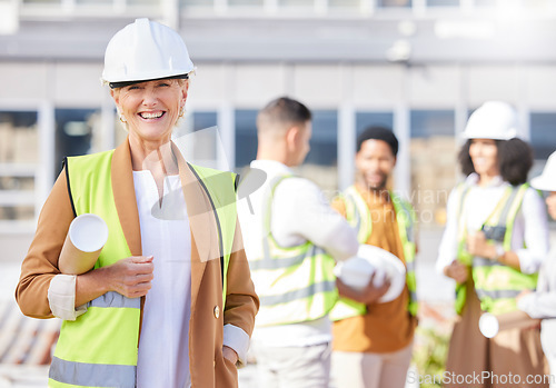 Image of Senior woman, architect and blueprint, inspection at construction site with maintenance, contractor and smile in portrait. Leadership, floor plan and engineering, urban infrastructure and renovation