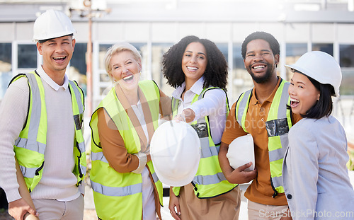 Image of Team, architecture and helmet, diversity and construction with maintenance, contractor and happiness. Engineering, working together and property development, urban infrastructure and collaboration