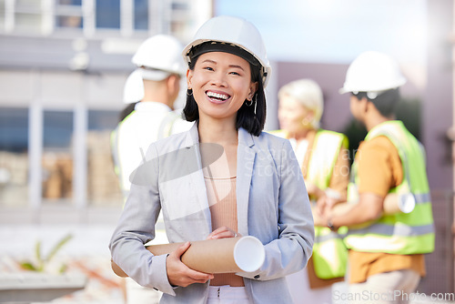 Image of Woman, engineering portrait and construction site, project management or outdoor building design. Happy asian person or architecture manager with urban development, property renovation and leadership