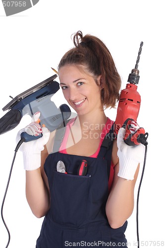 Image of Beauty woman with auger and sander 