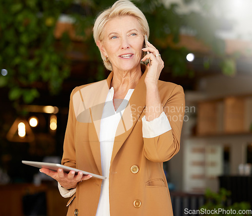 Image of Woman, phone call and thinking of cafe communication, e commerce management and sales news. Manager or small business owner talking with ideas on mobile chat, digital tablet and restaurant networking