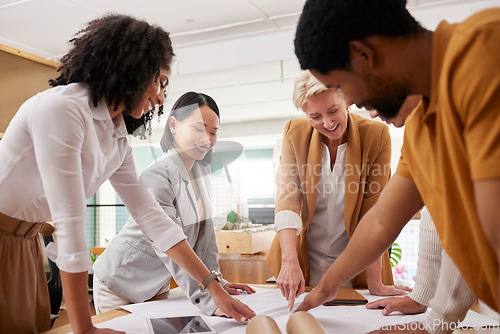 Image of Business people, architecture teamwork and planning blueprint, design and collaboration meeting in office. Happy group of designer, men and women for ideas, floor plan solution or project development