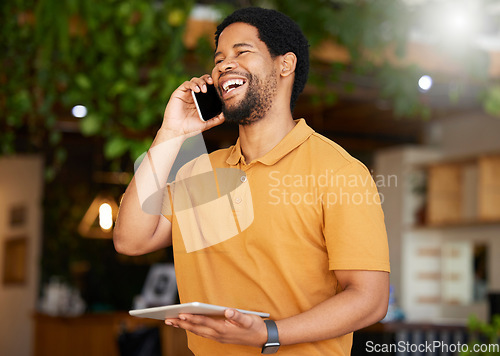 Image of Business owner, phone call and tablet for restaurant communication, e commerce management, stock or sales. Happy african person or entrepreneur talking on mobile and digital tech for cafe networking