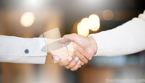 Image of Business people, shaking hands and job interview, Human Resources meeting or welcome to partnership or opportunity. Professional clients handshake for recruitment, HR hiring and introduction in bokeh