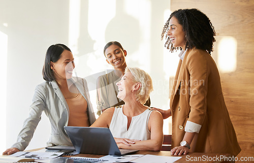 Image of Business women, planning and teamwork on laptop for marketing meeting, collaboration and funny presentation in office. Professional people, manager and employees on computer for website design ideas