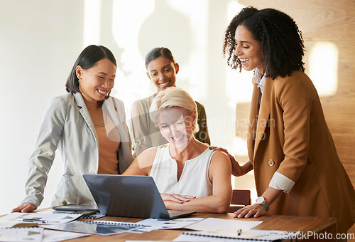 Image of Business women, planning and collaboration on laptop for marketing meeting, teamwork and happy presentation in office. Professional people, manager and employees on computer for website design ideas