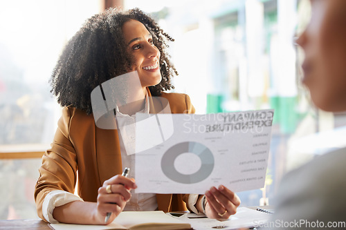 Image of Happy, meeting and a woman with data for finance of a company, team planning and growth. Smile, thinking and a female accountant or employee with a graph for money management of an agency at work