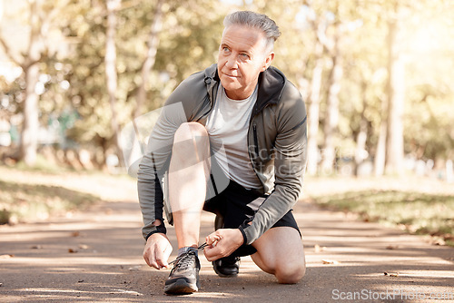 Image of Senior man, tie shoelace and running, fitness and cardio in the park, start and health, wellness and vitality. Runner is ready for exercise, athlete and sports with sneakers, path outdoor and active