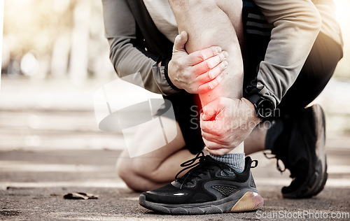 Image of Joint pain, legs and running, fitness and red overlay, injury with person outdoor, sneakers and stress fracture. Inflammation, fibromyalgia and health, runner and muscle tension, glow and exercise