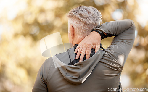 Image of Back pain, fitness and man in exercise injury, sports risk or muscle massage, outdoor or nature. Stretching, spine and senior person stress, tired and training, cardio or workout accident in forest