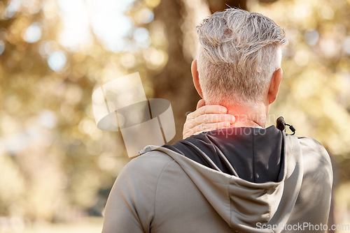 Image of Man with neck pain, injury with fitness and red overlay, back and outdoor with mockup space and stress fracture. Inflammation, fibromyalgia and health, spine and muscle tension with glow and exercise