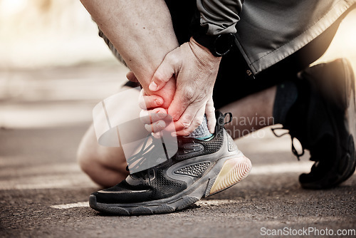 Image of Ankle pain, feet and running, fitness and red overlay, injury with person outdoor, sneakers and stress fracture. Inflammation, fibromyalgia and health, runner and muscle tension, glow and exercise