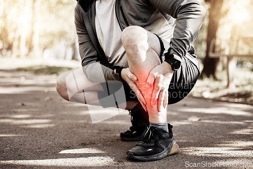 Image of Runner, hands and legs with pain, park or injury outdoor for fitness, training or muscle emergency. Person, shin accident and exercise with red glow overlay, stress or arthritis in nature for workout