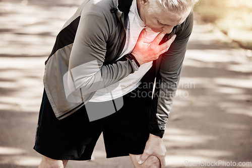 Image of Chest pain, heart attack and running, fitness and red overlay, injury with person outdoor, cardio and stress. Indigestion, cardiovascular and health, runner and pressure with glow and exercise