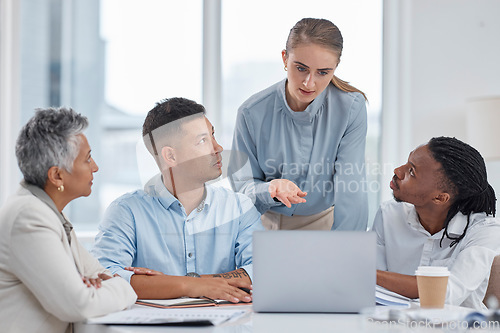 Image of Laptop, meeting and business people in the office in discussion for planning legal project. Technology, diversity and professional attorneys working on corporate law case on computer in collaboration