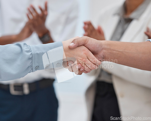 Image of Success, partnership and handshake with business people in office for winner, deal or agreement. Contract, thank you or teamwork with closeup of employee shaking hands for meeting and congratulations