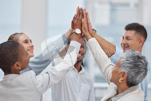 Image of High five, group circle or business people celebrate collaboration, synergy or corporate deal, success or achievement. Excited, trust or diversity staff solidarity, team building and teamwork support