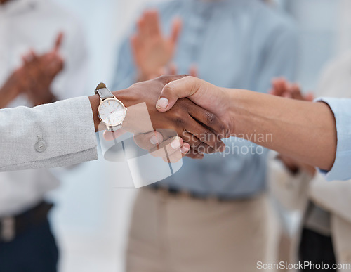 Image of Success, welcome and handshake with business people in office for winner, deal and agreement. Contract, thank you and teamwork with closeup of employees shaking hands for meeting and congratulations