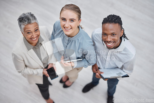 Image of Above, team and portrait of working in office with confident employees in management together in accounting workplace. Business people, collaboration and group smile for planning with accountant