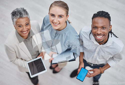 Image of Business people, team portrait and tablet, phone screen and documents, collaboration or planning in Human Resources. Professional employees, HR manager and digital tech, agency mockup and smile above