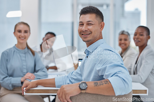 Image of Portrait, man and business people in a meeting, planning and brainstorming with a project, company development and conversation. Staff, group and leader with discussion, collaboration and teamwork