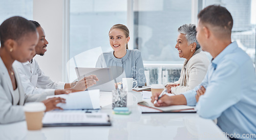 Image of Business people, meeting and planning, collaboration or teamwork for online project, happy discussion and marketing. Group of women and men in diversity, agency agenda and brainstorming on computer