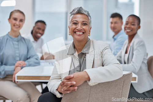 Image of Portrait, woman and business people in a meeting, brainstorming and teamwork with a project, company development and collaboration. Staff, group and leader with discussion, cooperation and support