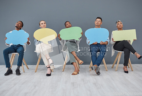 Image of Thinking, office and business people with a speech bubble for social media, chat or contact information. Mockup, sitting and diversity of employees with a board for ideas, communication or opinion