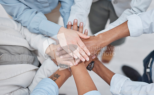 Image of Hands stack, group teamwork and business people celebrate corporate society goals, synergy or agency meeting. Top view, collaboration and closeup team building support, mission motivation or trust